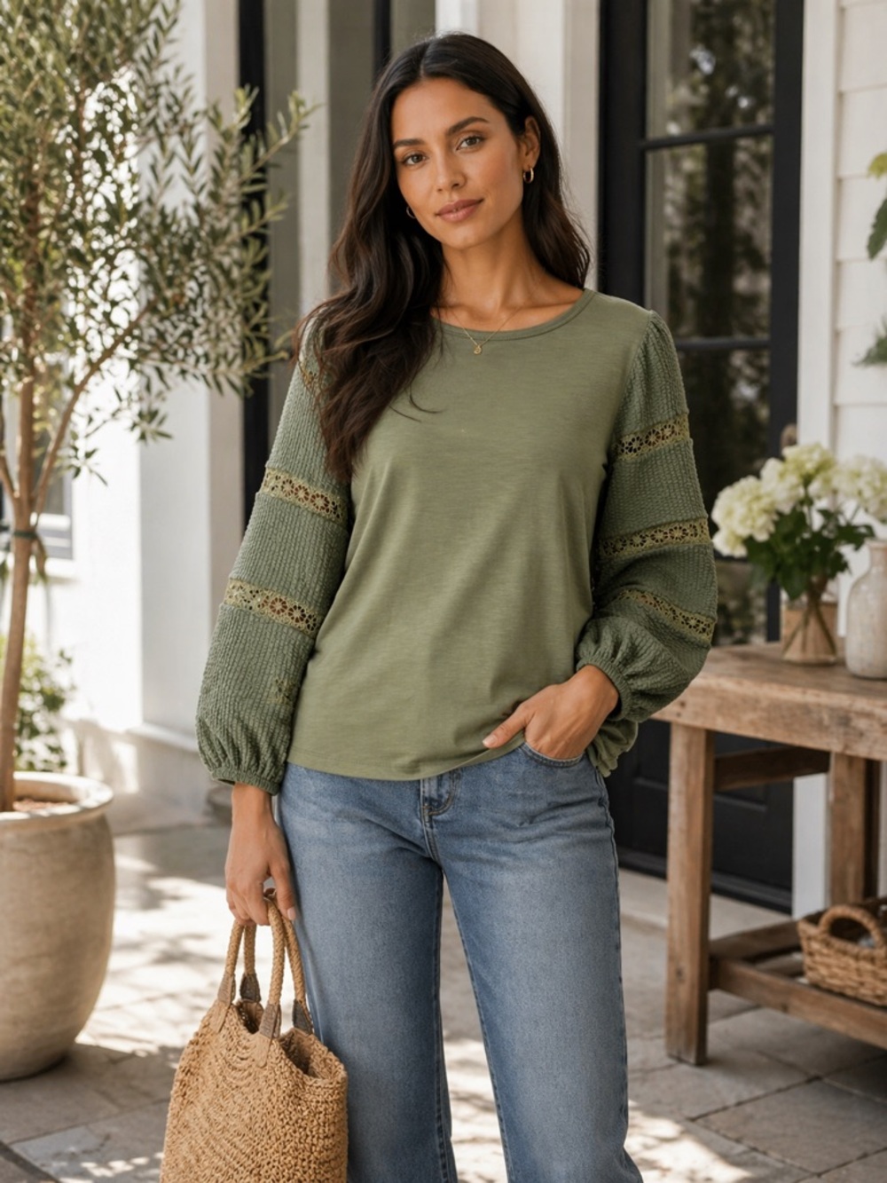 Linda Leal Top Green Crochet Lace Cutout Sleeve Peasant NWT
